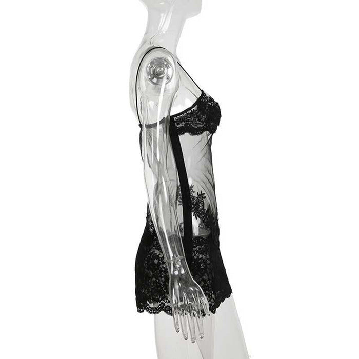 Sexy mesh lace mini dress showcasing delicate lace details and a fitted silhouette in black