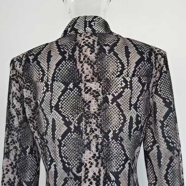 Back view of a stylish animal print maxi dress for women with a modern snake skin pattern