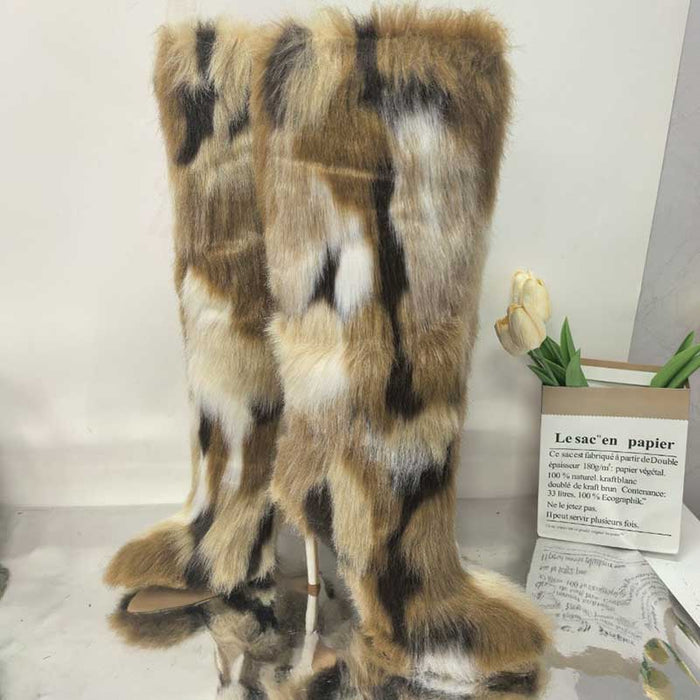 Stylish long faux fur boots for women in a trendy brown and beige pattern perfect for winter fashion