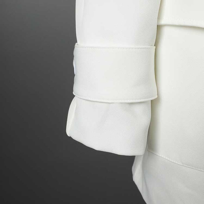 Close-up of the sleeve detail on an off-white belted mini dress with pockets