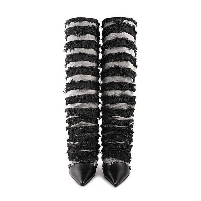 Women's statement denim boots with a unique striped design and pointed toe for a bold look