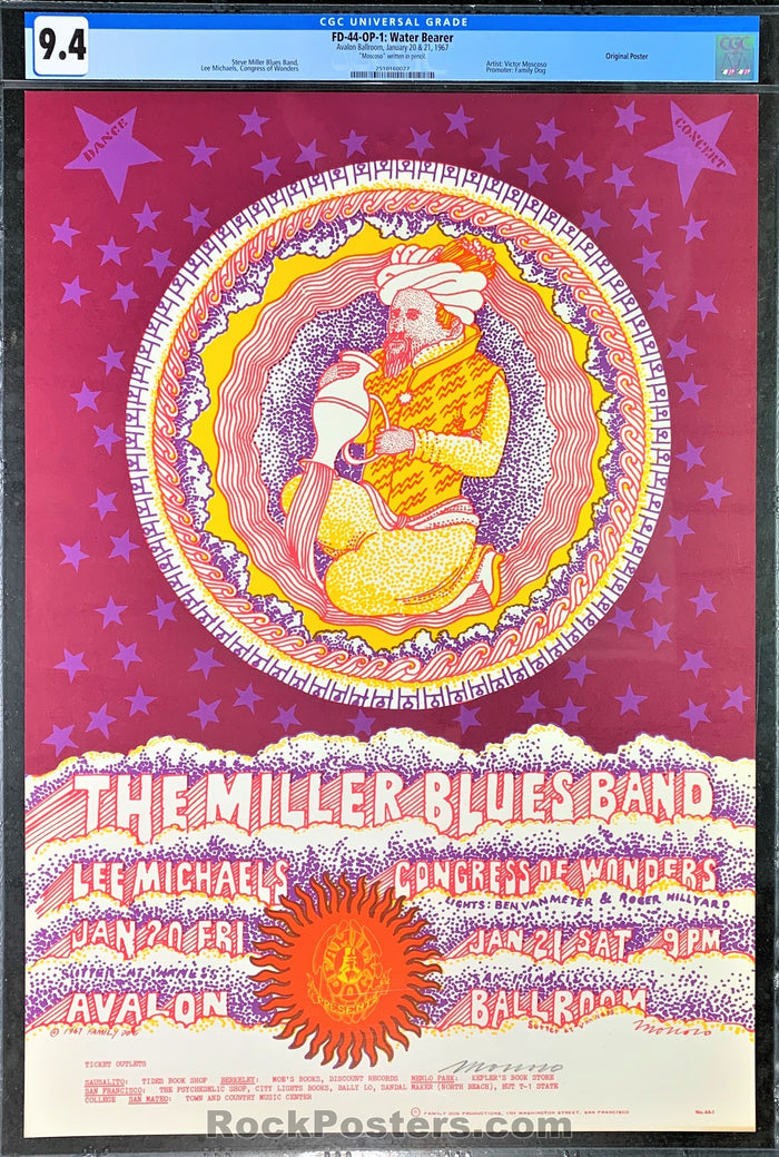 AUCTION - FD-44 - Miller Blues Band 1967 Poster - Moscoso Signed - Avalon Ballroom - CGC Graded 9.4-227177-136334