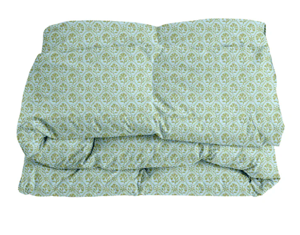Sophie Comforter — Eloise and Sanctuary colorway shown as a folded comforter mockup with blue and green pattern; Wheaton Whaley Home