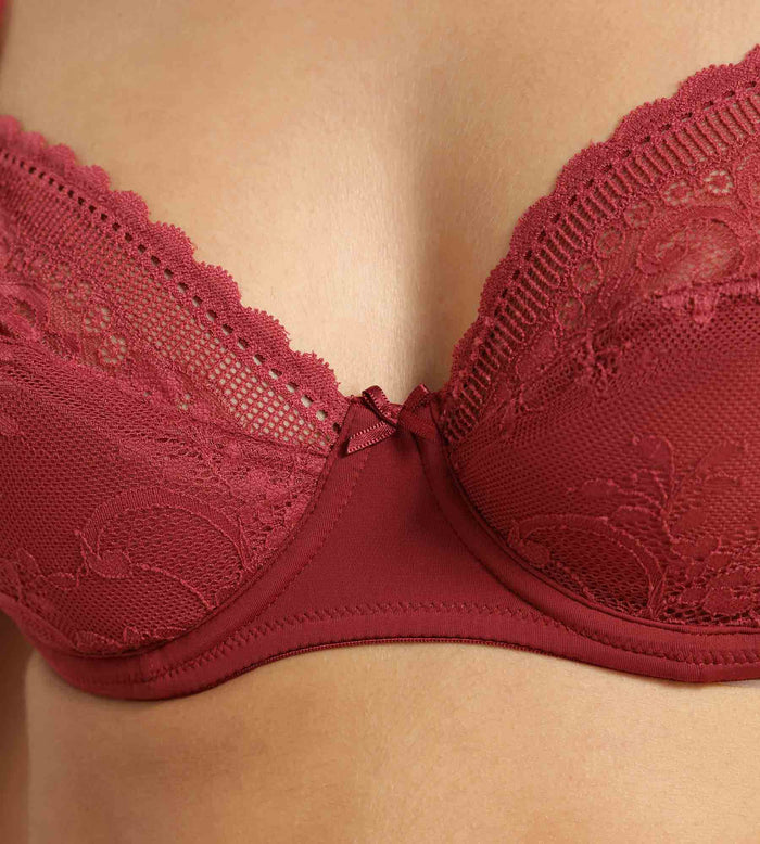 Soutien-gorge emboîtant dentelle et résille florale rouge brun Dim Féminine