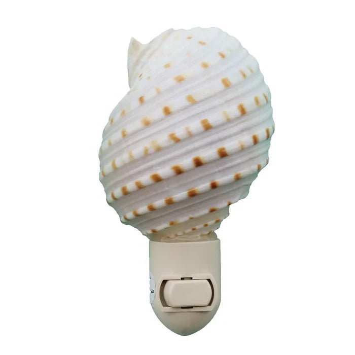 Spotted Tonna Seashell Night Light — a large oval spotted tonna shell with white ribbed ridges and rows of tan dots mounted on a white plastic plug-in switch base with a toggle switch, on a white background