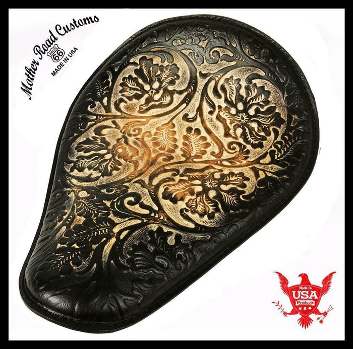Spring Seat Chopper Bobber Harley Sportster Honda 11x14 BlkBrn Oak Leaf Leather - Mother Road Customs