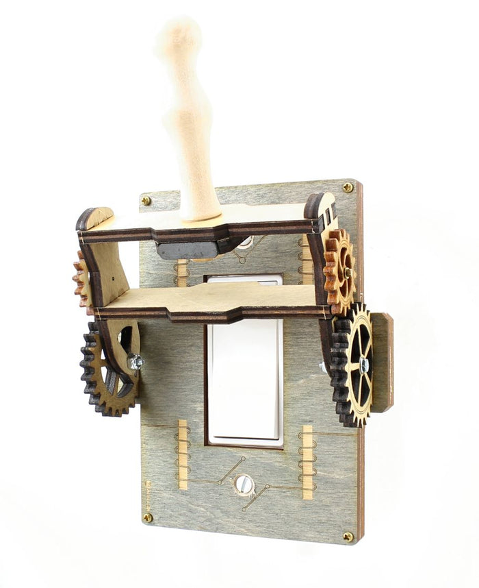 Steampunk rocker throw switch plate 8101A — antique knife switch style cover with moving gears, made in USA