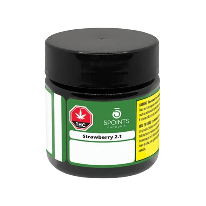Front view of the Strawberry 2.1 container with a white label and black text, on a dark background.