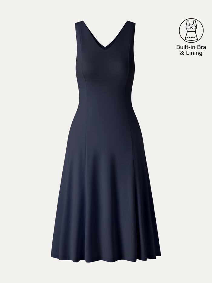 OGLmove Stretch Ponte V-Neck A-Line Midi Bra Dress Midnight Navy XS