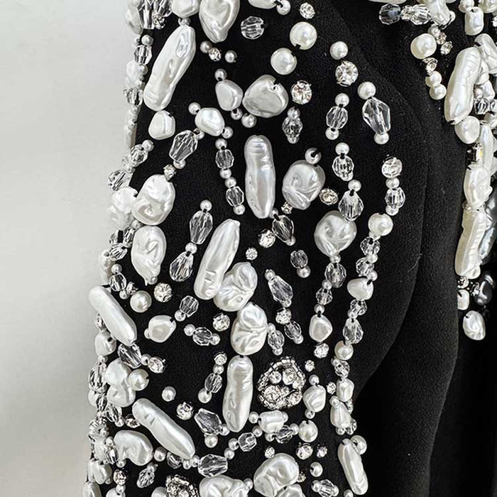 Tailored Black Pantsuit V-Neck Crystal Beaded Shoulder Formal Suit