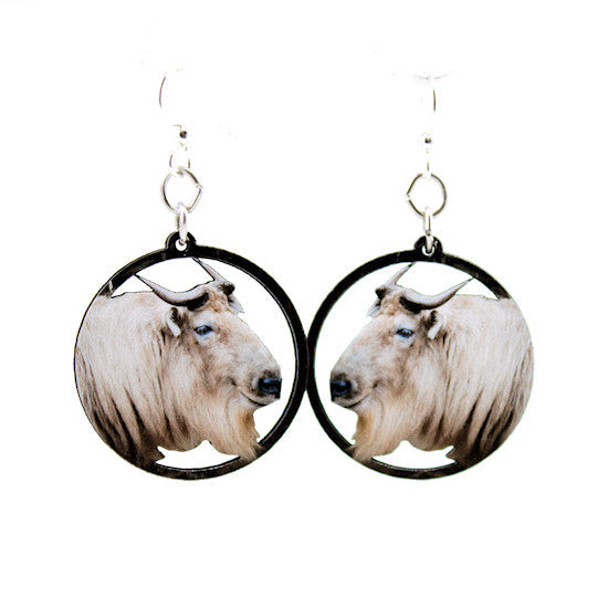 Takin goat antelope earrings with curved horns, eco-friendly jewelry made in USA