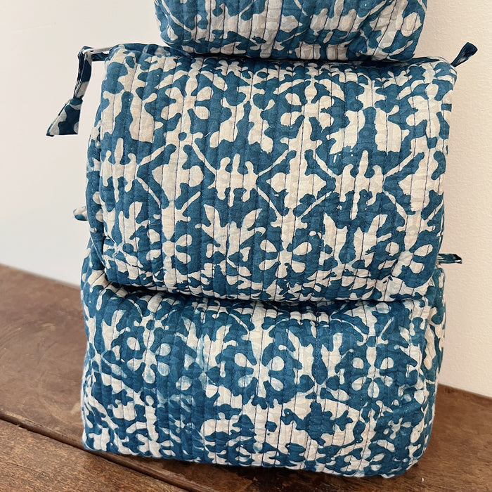 Close-up of the Toiletry Bag in Isla Blockprint showing the cream quilted cotton with a teal floral tile block-print motif and vertical quilting stitches