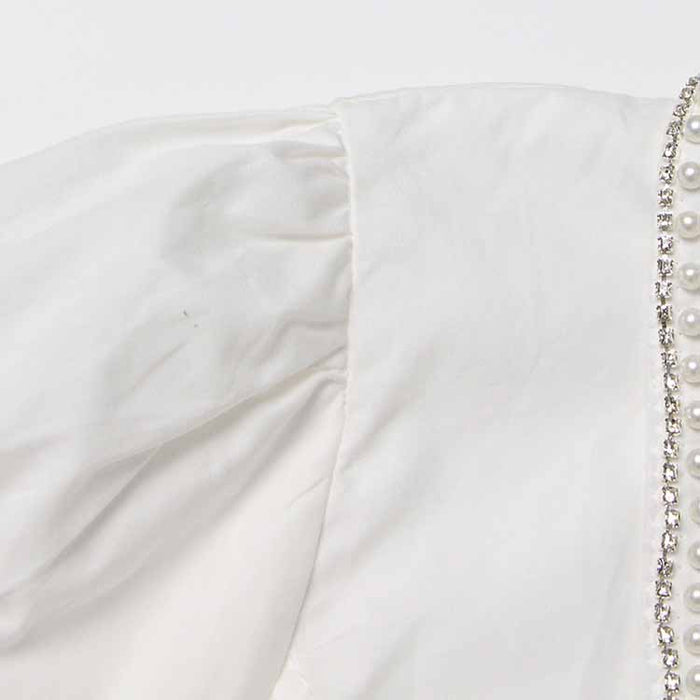 Women Beading Buttons White Blouse Pleated Bubble Sleeve Shirt White Shirt