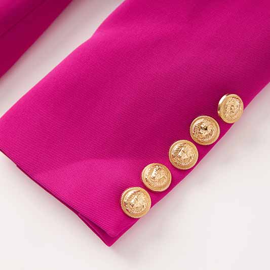 Women Shawl Collar Golden Buttons Blazer + Cropped Pants Trousers Pantsuit Suit Hot Pink
