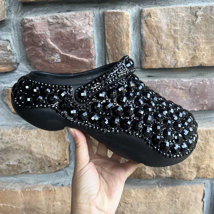 Womens Black Closed Toe Clog Shoes Rhinestone Slip on Mules