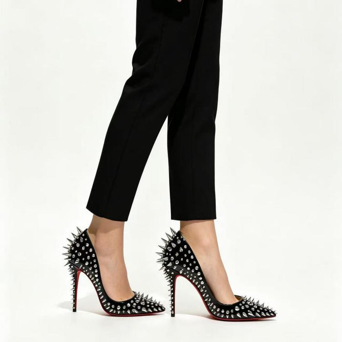 Women's Black Stiletto Pumps Red Sole Pointed Toe Rivet Spike High Heels