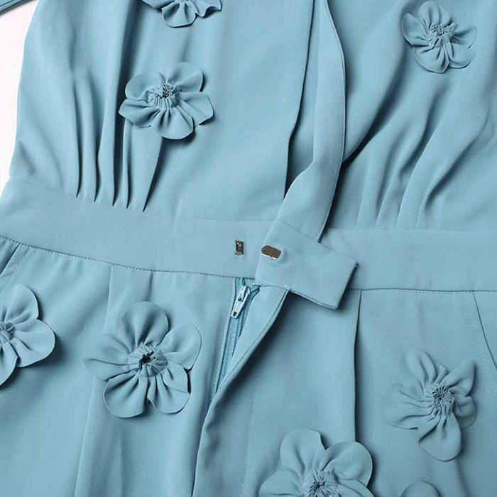 Women's blue patchwork floral jumpsuit shorts suit