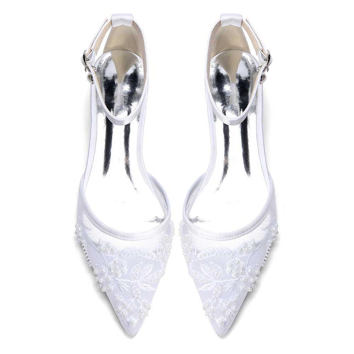 Women's Lace Bridal Shoes Pointed Toe Ankle Strap Flats Wedding Shoes