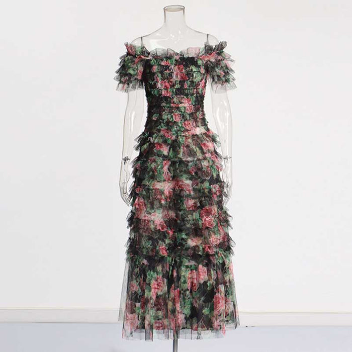 Womens Off The Shoulder Tulle Maxi Dress Chic Party Floral Event Dress