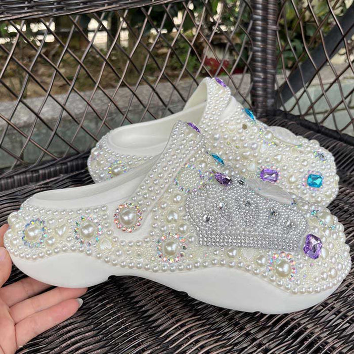 Womens White Closed Toe Clog Shoes Rhinestone Parls Slip on Mules