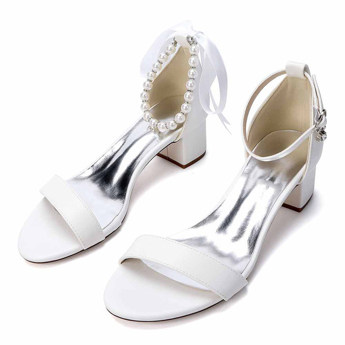 Women's White Pearl Ankle Tie Block Heel Sandals Bridal Wedding Shoes