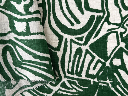 100% Linen Fabric – Green Abstract Print, Light to Medium Weight, Pre-Washed 4036