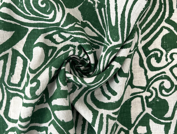 100% Linen Fabric – Green Abstract Print, Light to Medium Weight, Pre-Washed 4036