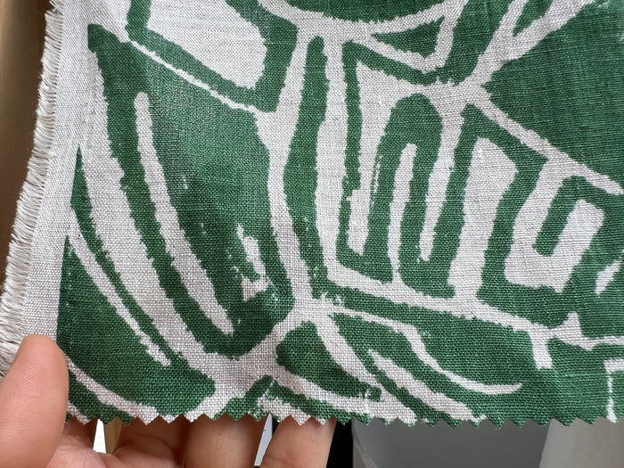 100% Linen Fabric – Green Abstract Print, Light to Medium Weight, Pre-Washed 4036