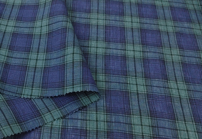100% Linen Fabric – Modern Tartan Plaid in Navy & Green | Soft & Pre-Washed 7274
