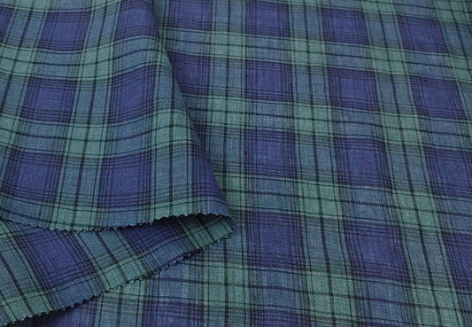 100% Linen Fabric – Modern Tartan Plaid in Navy & Green | Soft & Pre-Washed 7274
