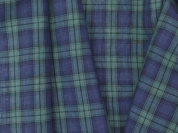 100% Linen Fabric – Modern Tartan Plaid in Navy & Green | Soft & Pre-Washed 7274