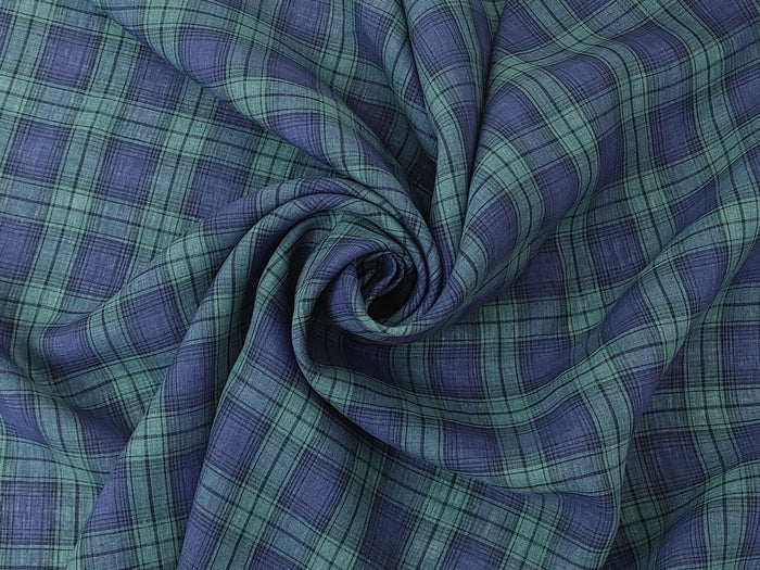 100% Linen Fabric – Modern Tartan Plaid in Navy & Green | Soft & Pre-Washed 7274
