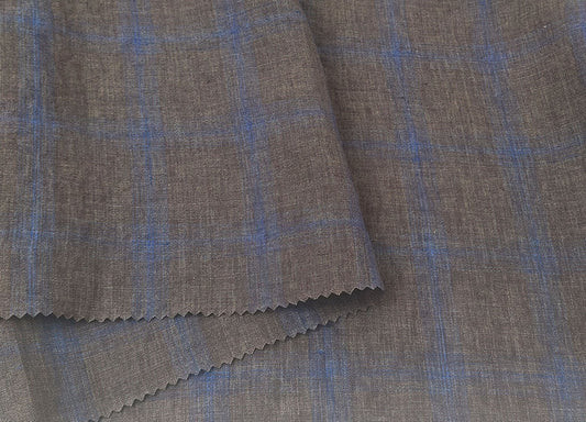 100% Linen Fabric – Naturally Faded Blue Plaid on Earthy Brown 8045