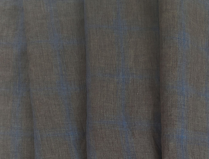 100% Linen Fabric – Naturally Faded Blue Plaid on Earthy Brown 8045