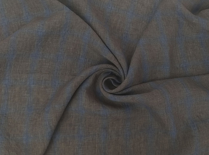 100% Linen Fabric – Naturally Faded Blue Plaid on Earthy Brown 8045