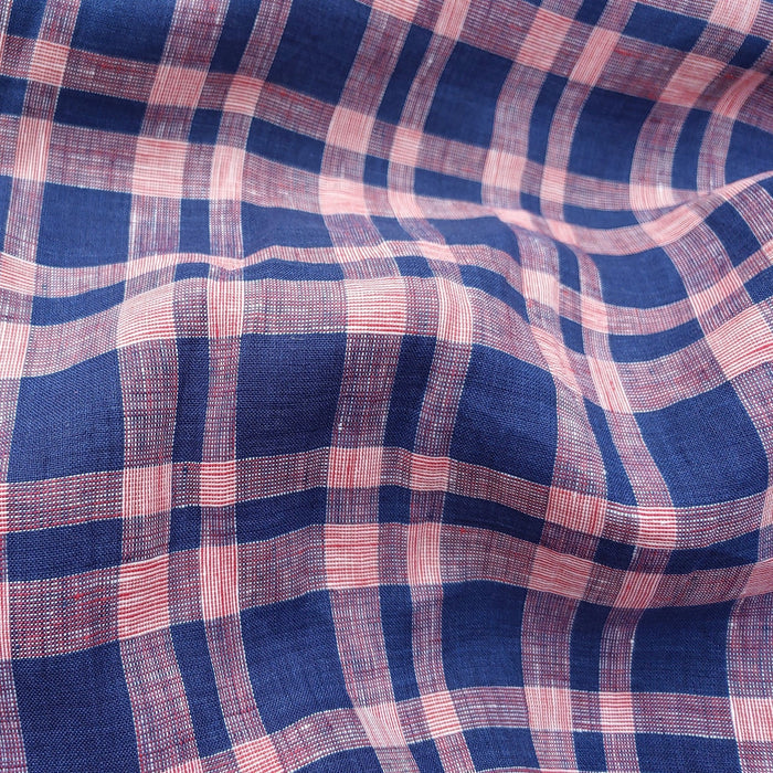 100% Linen Fabric Navy Red Plaid (6275) - The Linen Lab - Navy & Red