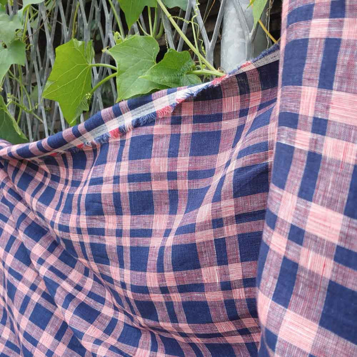 100% Linen Fabric Navy Red Plaid (6275) - The Linen Lab - Navy & Red