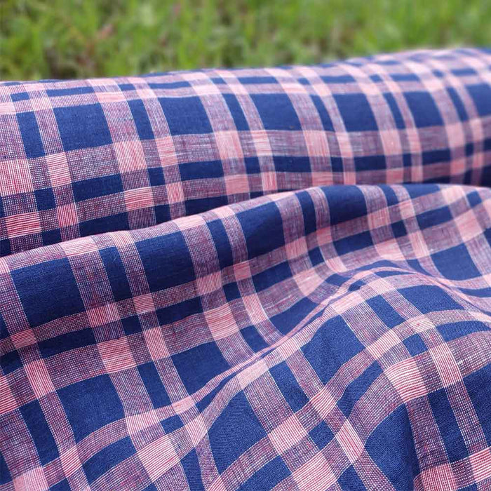 100% Linen Fabric Navy Red Plaid (6275) - The Linen Lab - Navy & Red