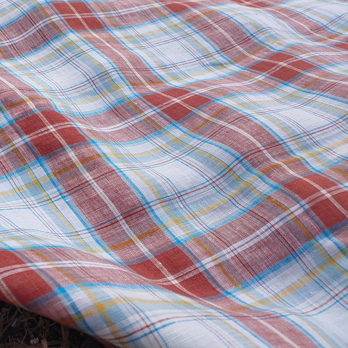 100% Linen Fabric Red Tartan Plaid Light Weight (6348) - The Linen Lab - Red