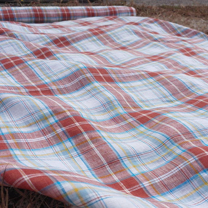 100% Linen Fabric Red Tartan Plaid Light Weight (6348) - The Linen Lab - Red
