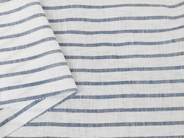 100% Linen Fabric – White Base with Horizontal Navy Stripes, Lightweight & Soft 4597