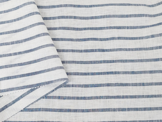 100% Linen Fabric – White Base with Horizontal Navy Stripes, Lightweight & Soft 4597