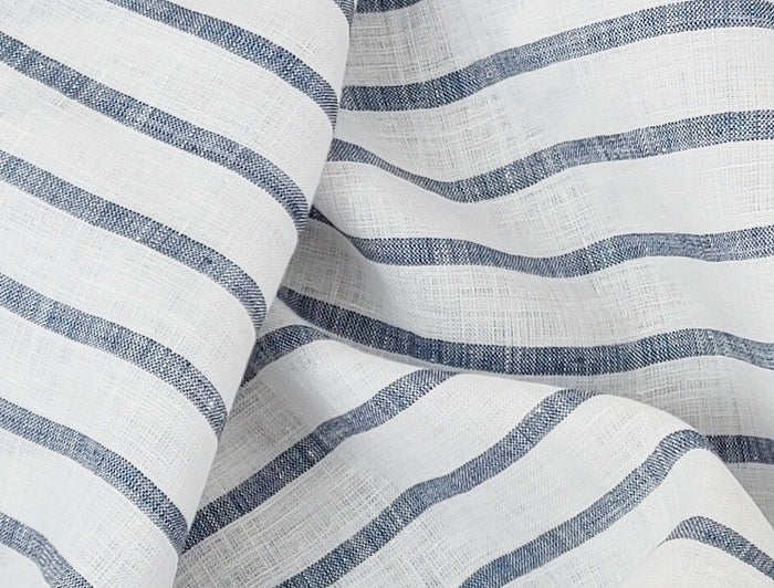 100% Linen Fabric – White Base with Horizontal Navy Stripes, Lightweight & Soft 4597