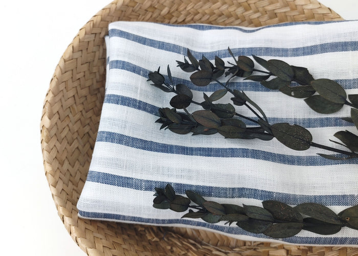 100% Linen Fabric – White Base with Horizontal Navy Stripes, Lightweight & Soft 4597