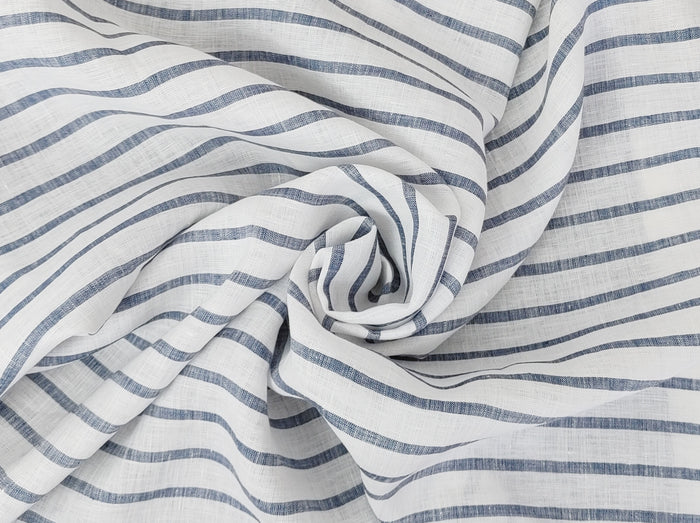 100% Linen Fabric – White Base with Horizontal Navy Stripes, Lightweight & Soft 4597
