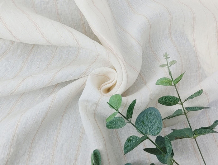 100% Linen Fabric with Subtle Beige Stripes, Medium Weight 7854 - The Linen Lab - Ivory