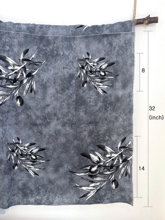 100% Linen Printed Fabric – Grey with Large Olive Branch Pattern (46×32 inch Panel) 6931