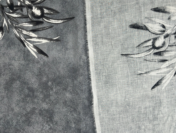 100% Linen Printed Fabric – Grey with Large Olive Branch Pattern (46×32 inch Panel) 6931