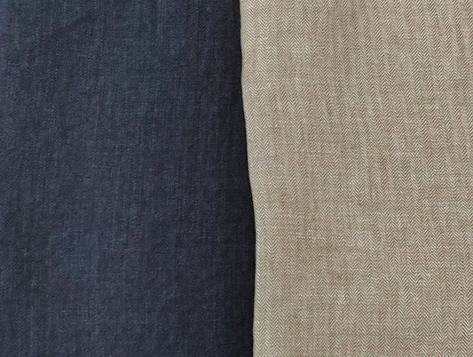 100% Linen Small Herringbone Twill Fabric HBT Chambray 7309 7605 - The Linen Lab - Beige