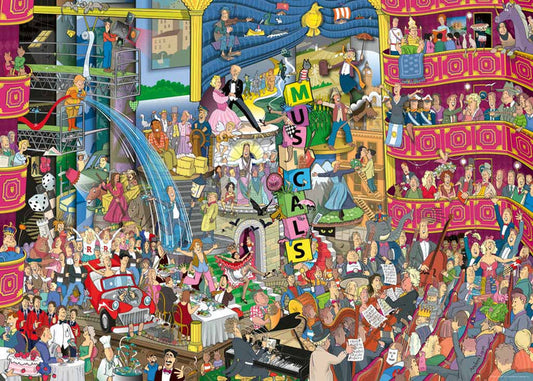 A colorful 1000-piece jigsaw puzzle depicting various cartoon characters and elements related to musicals from Heye